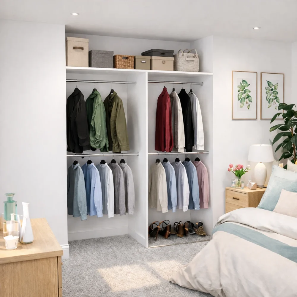 Double Hanging Rail Wardrobe Interior with Full Width Shelf Made to Measure