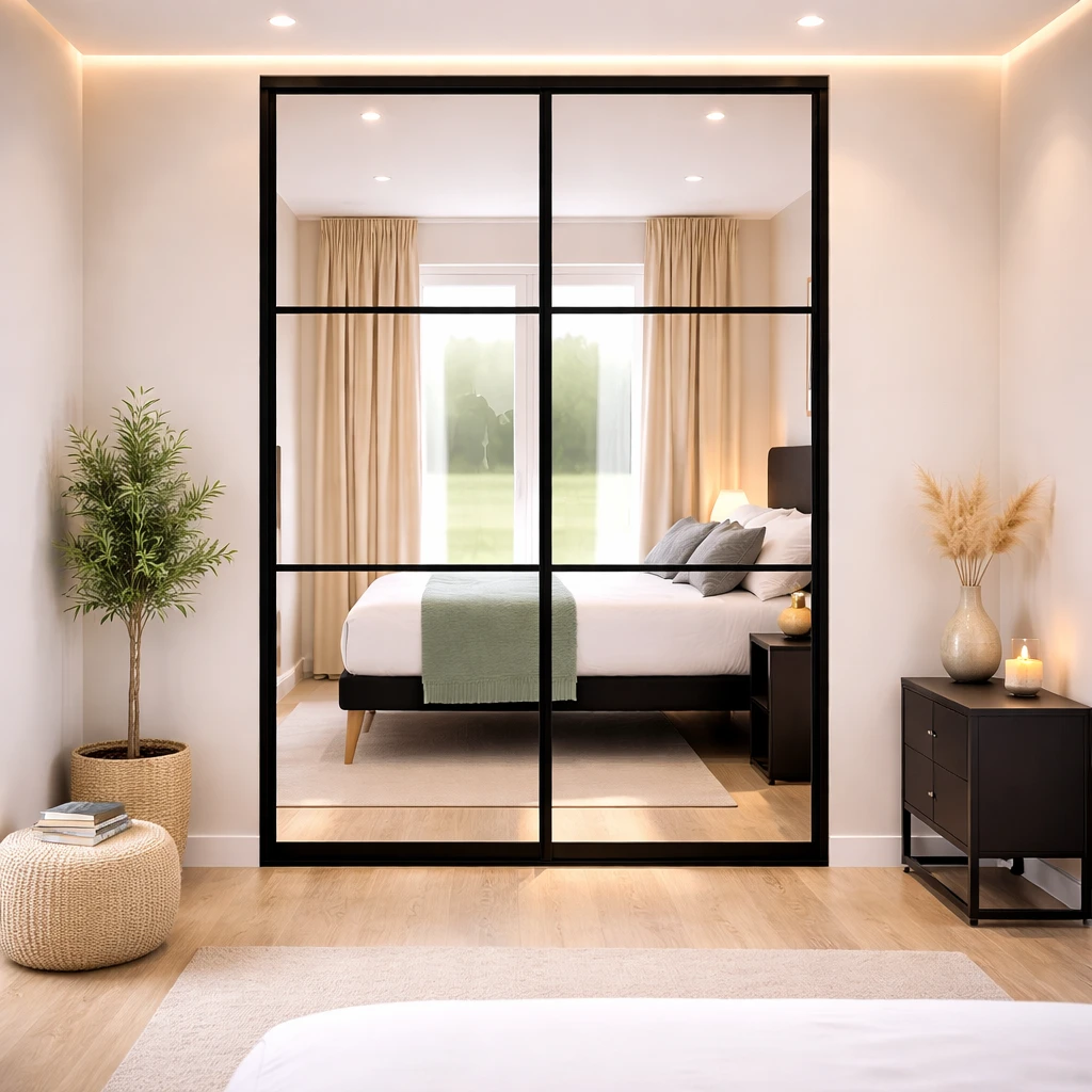 Crittall Style Panel Style Mirrored Sliding Wardrobe Doors Black 2 Door Kit front view