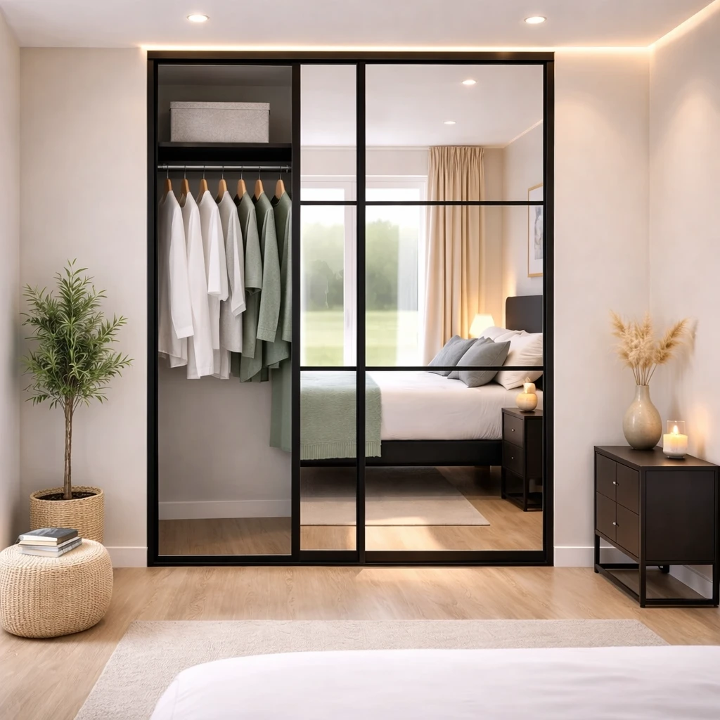 2 Door Black Aluminium Crittall Style Mirrored Sliding Wardrobe Doors - Image 2