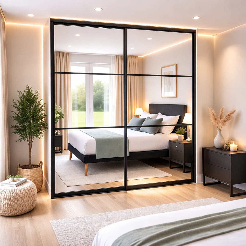 Crittall Style Panel Style Mirrored Sliding Wardrobe Doors Black 2 Door Kit