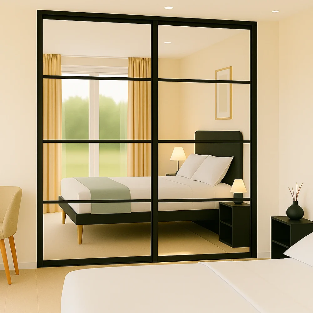 Panel Crittall Style Mirrored Sliding Wardrobe Doors Black 2 Door Kit 4 panel