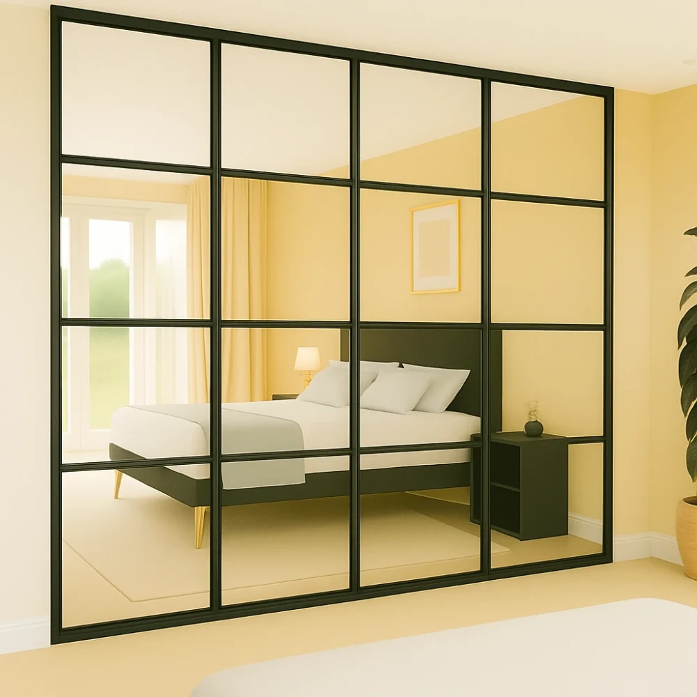 Panel Style Mirrored Sliding Wardrobe Doors – Black 4 Panel 4 Door Kit