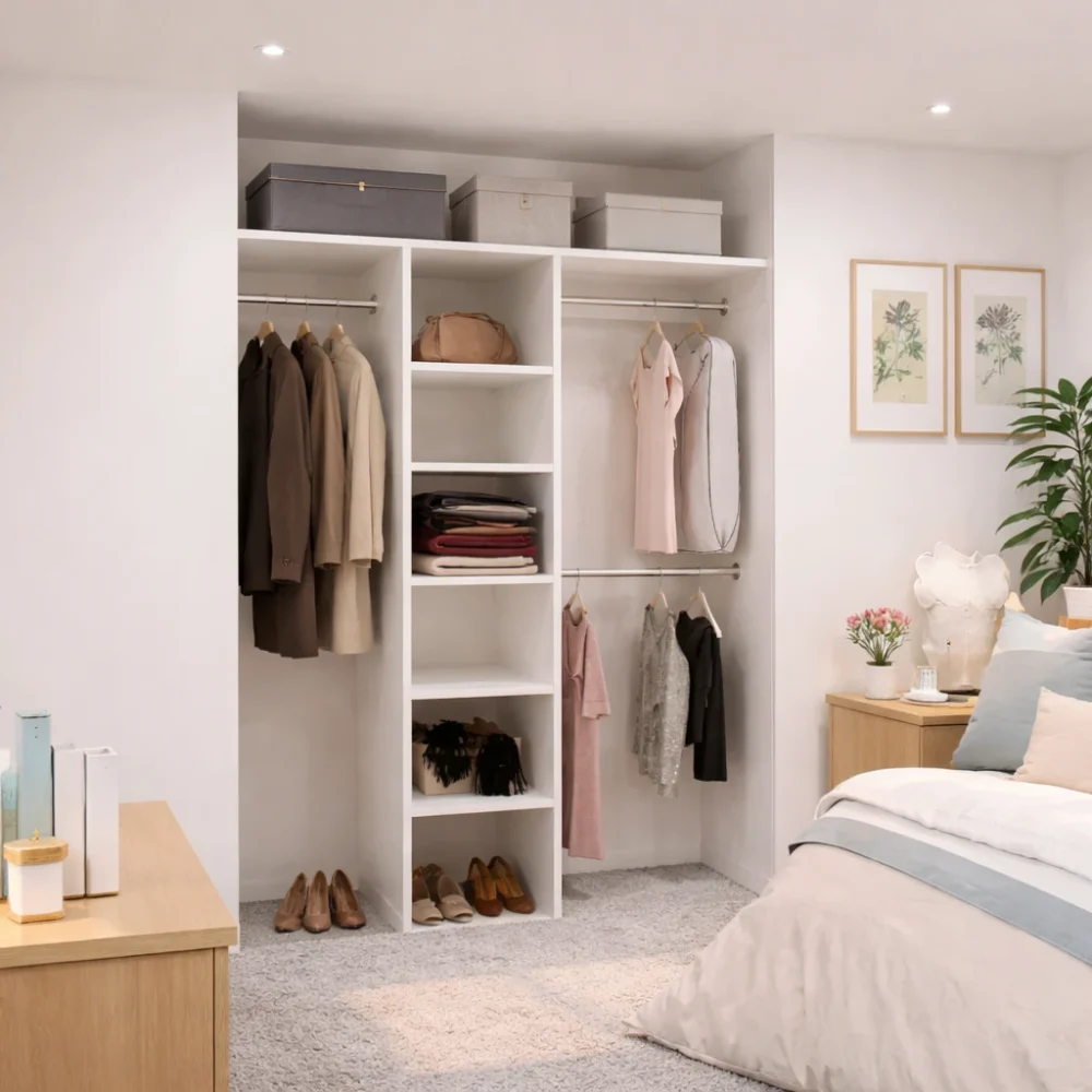 Full Width Shelf with Shelf Stack and 3 Hanging Rails Wardrobe Interior Made to Measure