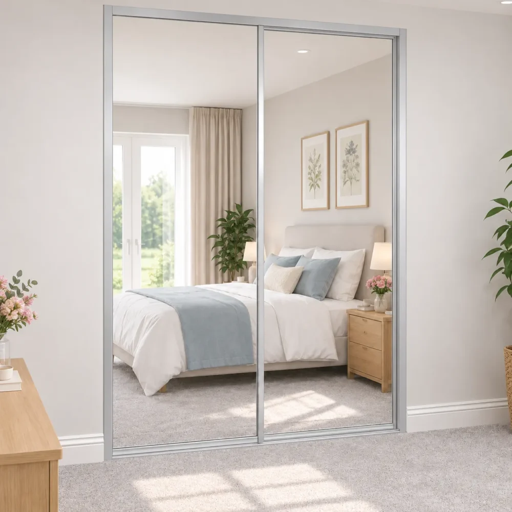 2 door silver framed mirrored sliding door wardrobe
