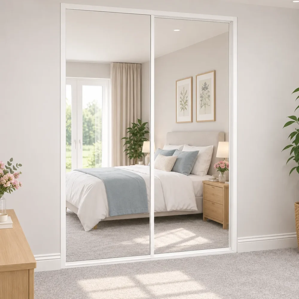 2 door white framed mirrored sliding door wardrobe