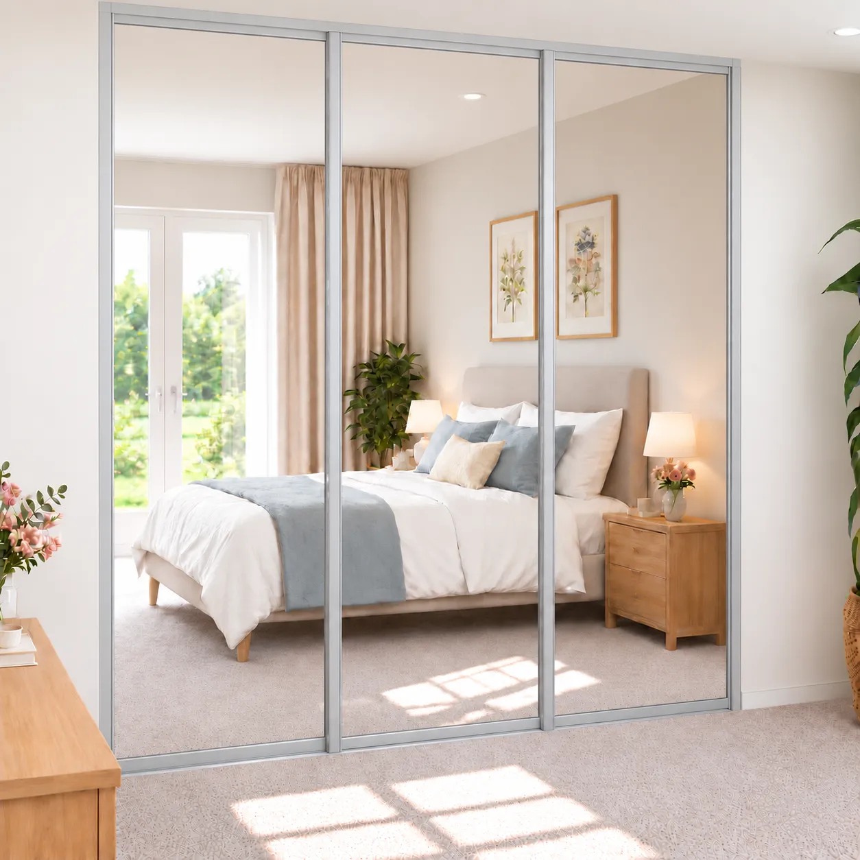 3 door silver framed mirrored sliding door wardrobe