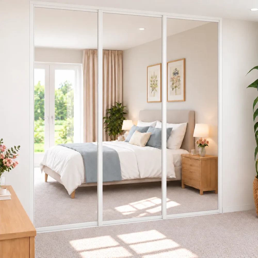 3 door white framed mirrored sliding door wardrobe