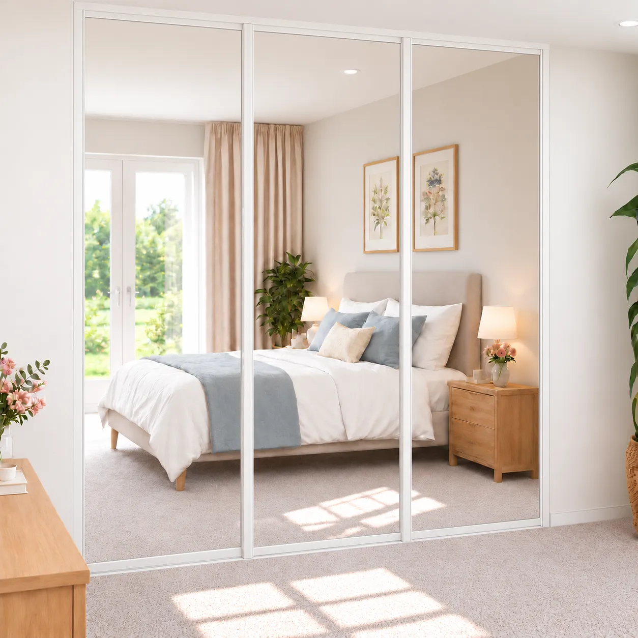 3 door white framed mirrored sliding door wardrobe