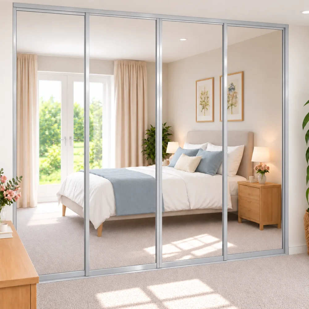 4 door silver framed mirrored sliding door wardrobe