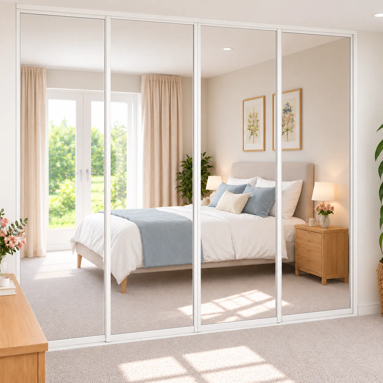 4 door white framed mirrored sliding door wardrobe