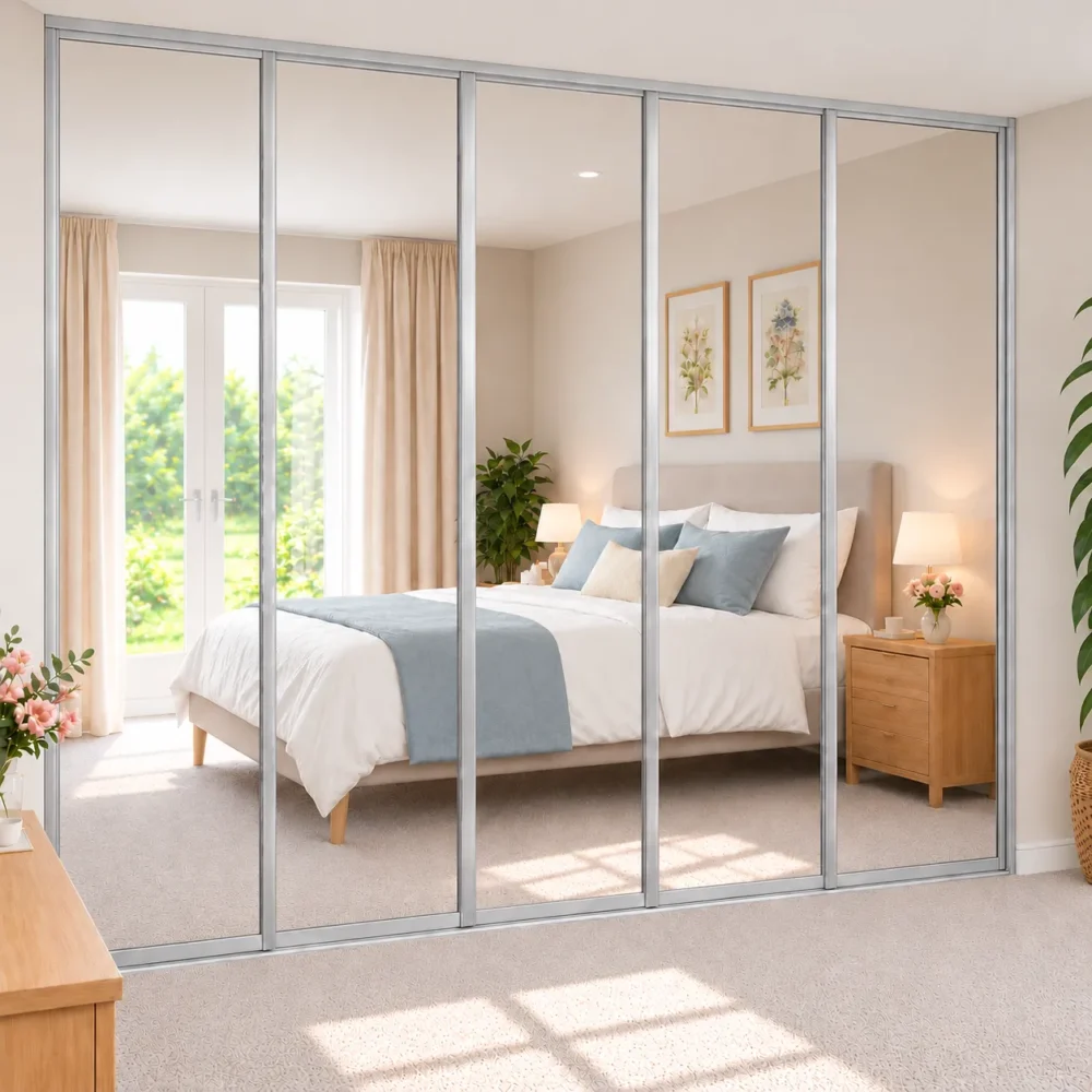 5 door silver framed mirrored sliding door wardrobe