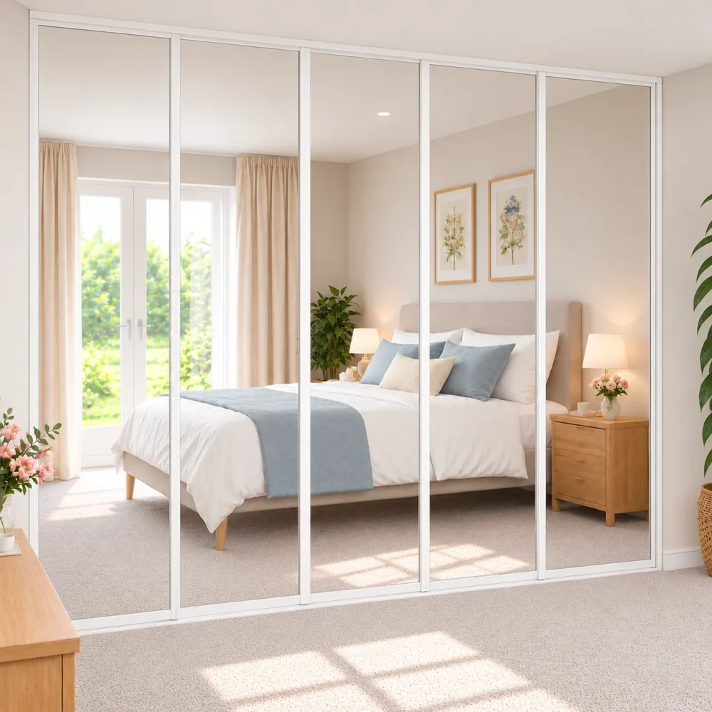 5 door white framed mirrored sliding door wardrobe