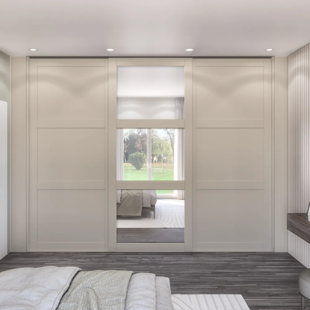 New Cashmere Shaker Style 3 Door Sliding Wardrobe Kit 2 Wood Doors and 1 Mirror