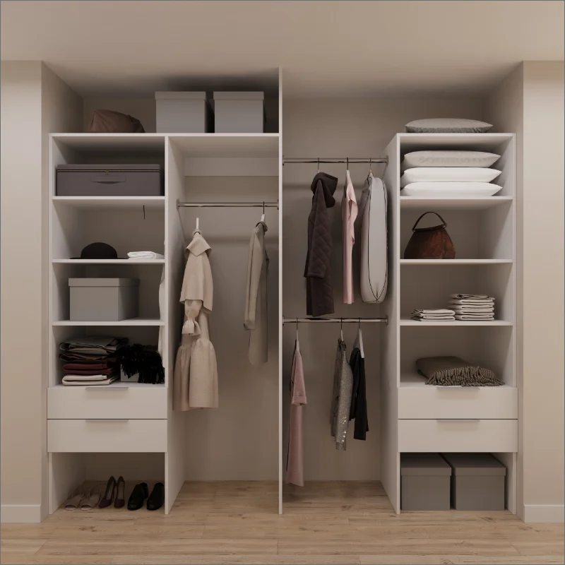 wardrobe interior double wide shelf stack 4 draws one top shelf 2 rail hanging compartments 3 hanging rails