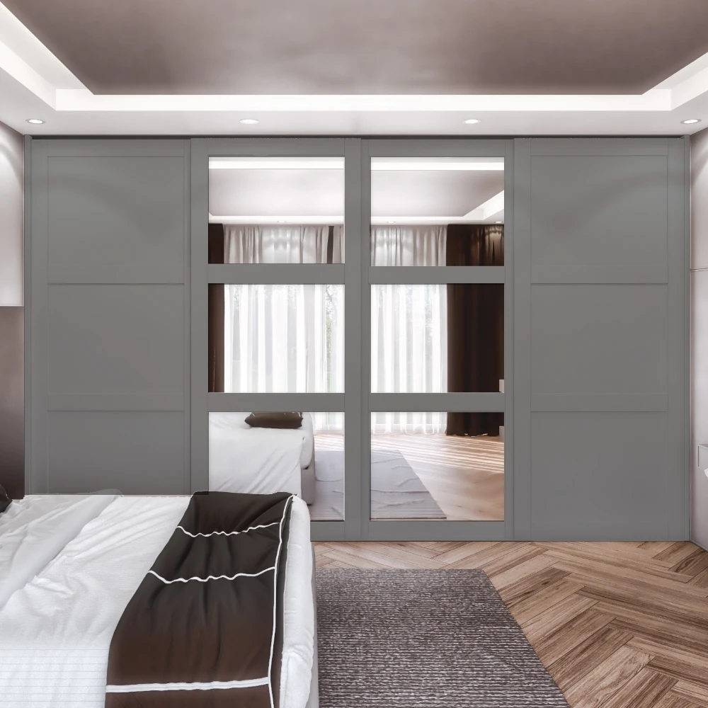 Dust Grey Shaker Style 4 Door Sliding Wardrobe Door Kit 2 Wood and 2 Mirror Doors