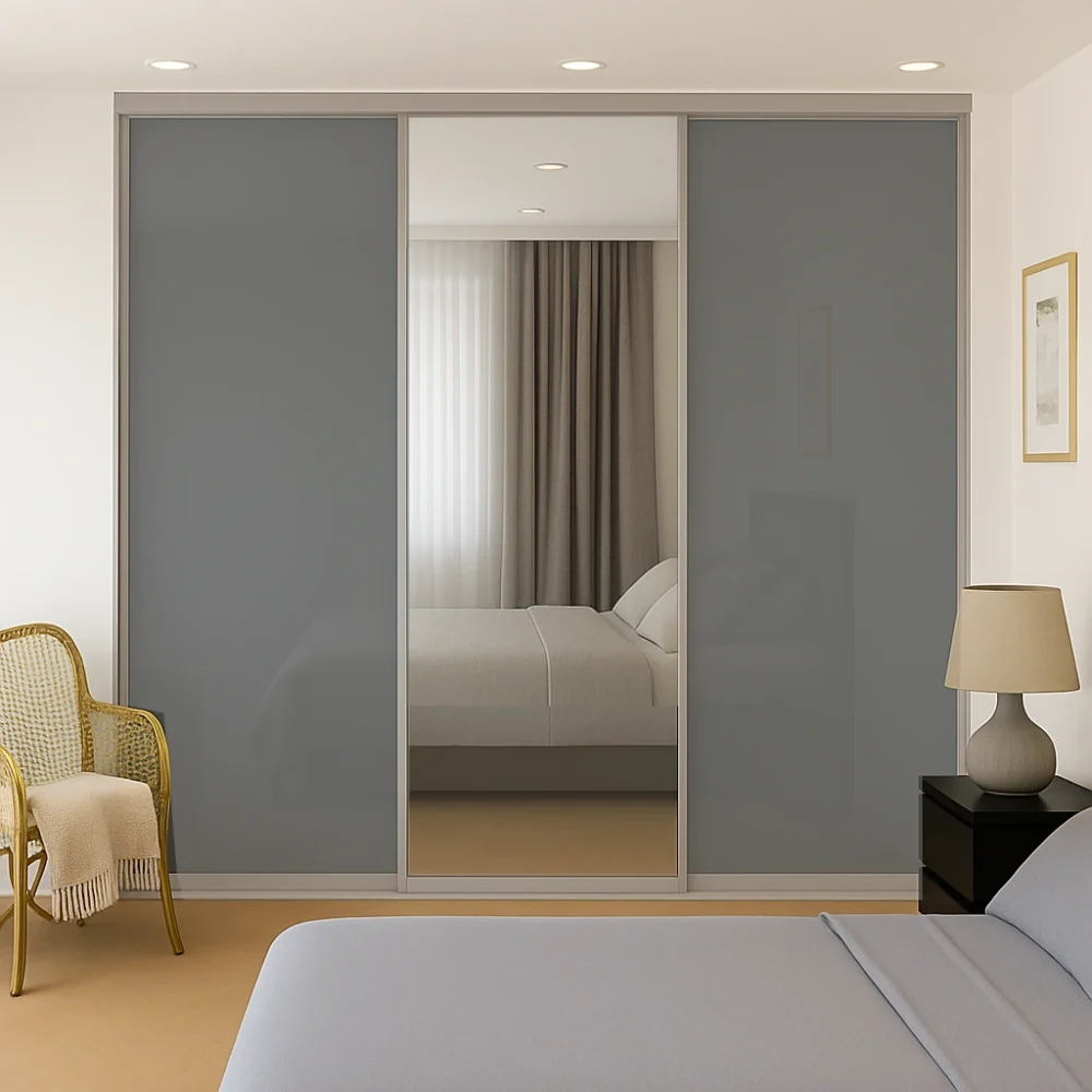 Glass Sliding Wardrobe Doors 2 Grey Doors 1 Mirror Silver Frame and Track