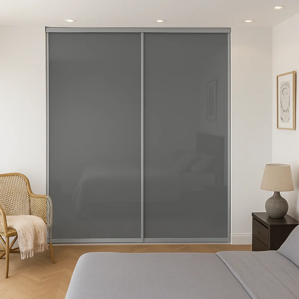 Grey Glass Sliding Wardrobe Doors Silver Frame and Track 2 Door Kit