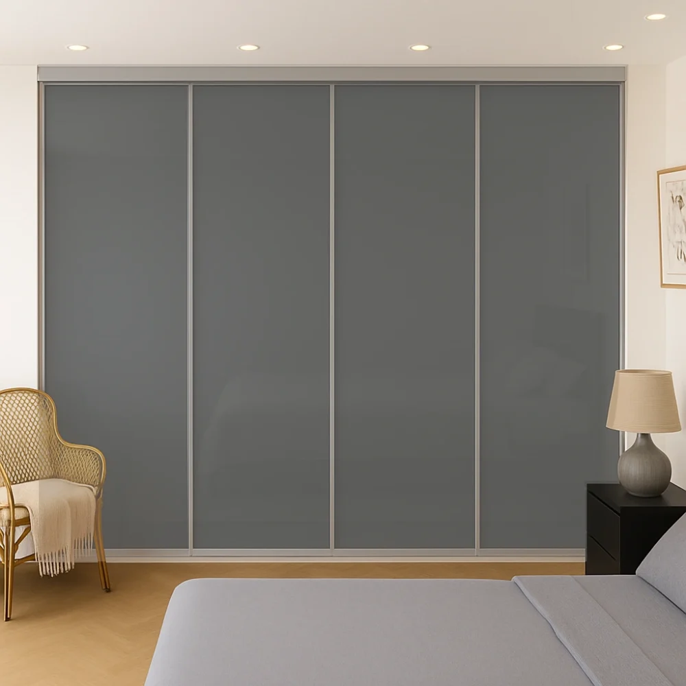 Grey Glass Sliding Wardrobe Doors Silver Frame and Track 4 Door Kit