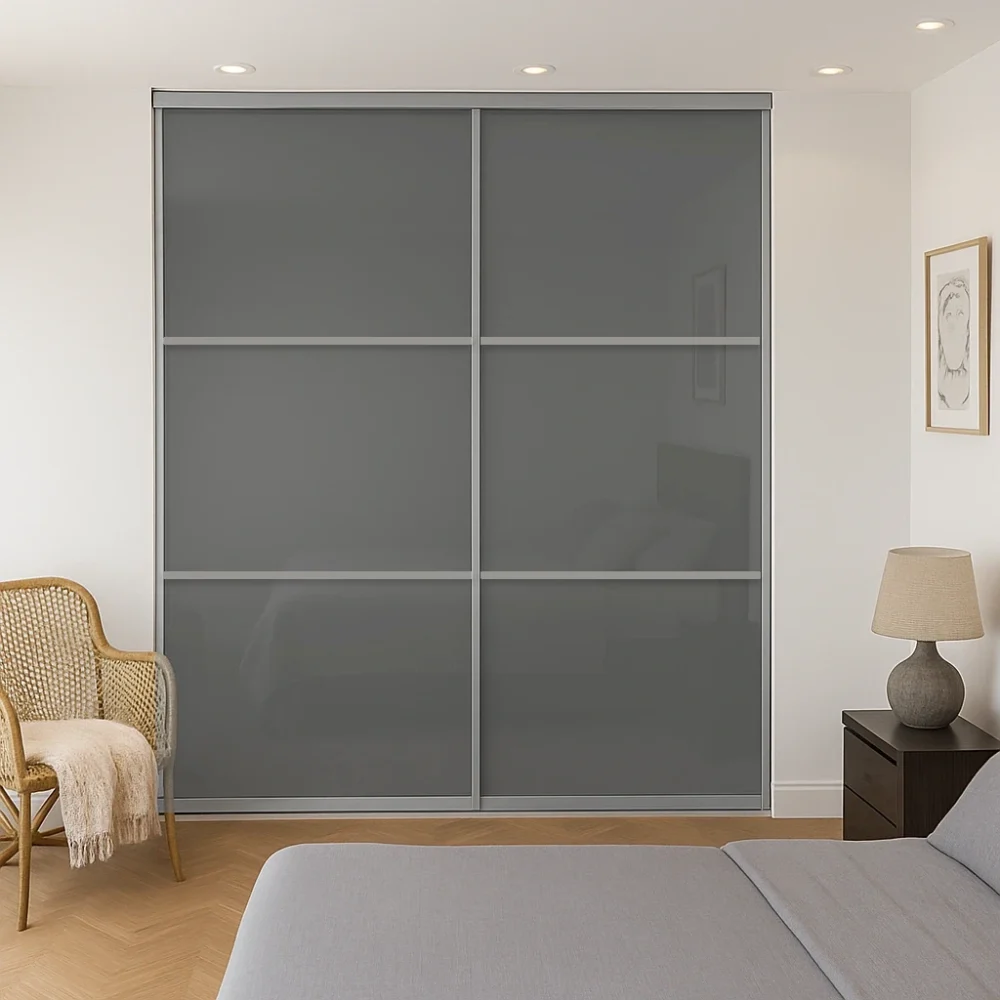 panel style grey glass sliding wardrobe doors silver frame and track 2 door kit