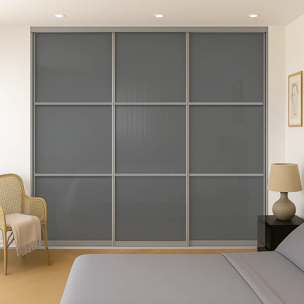 panel style grey glass sliding wardrobe doors silver frame and track 3 door kit