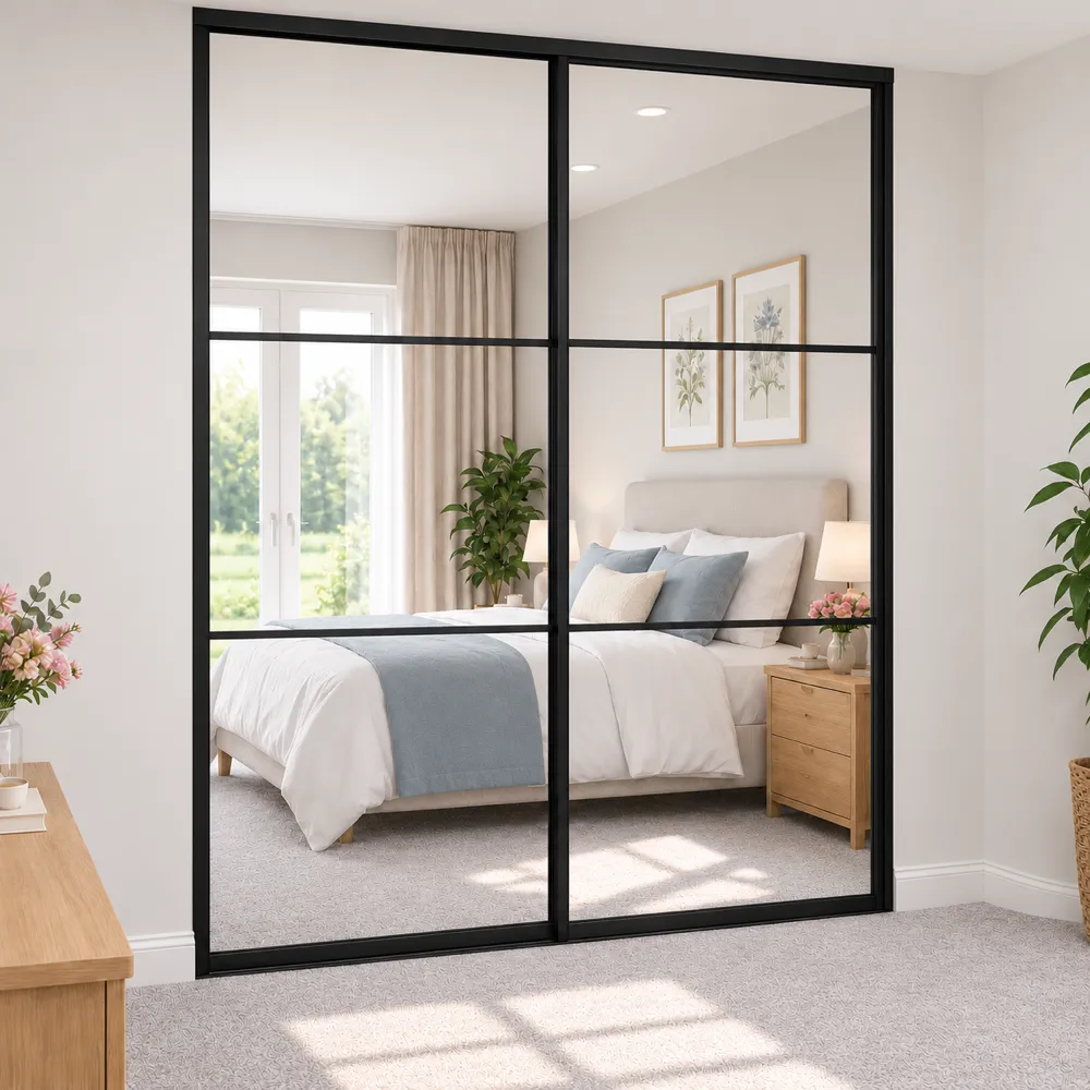 2 Door Black Steel Crittall Style Mirrored Sliding Wardrobe Doors