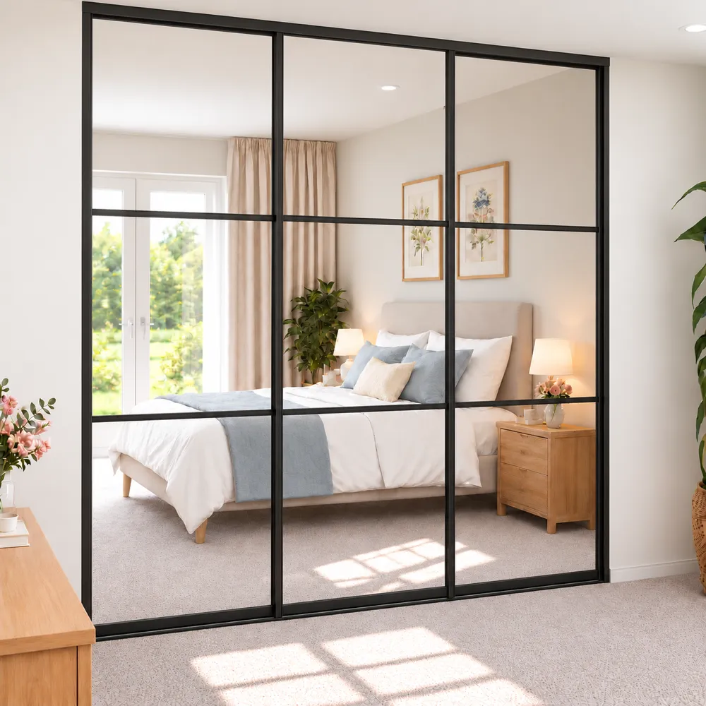 3 Door Black Steel Crittall Style Mirrored Sliding Wardrobe Doors