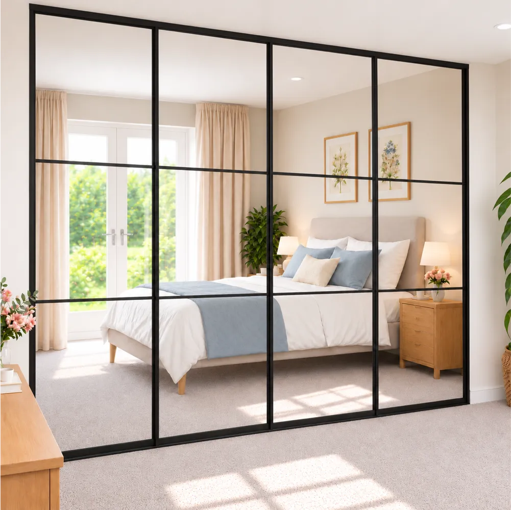 4 door black crittall style mirrored sliding wardrobe doors