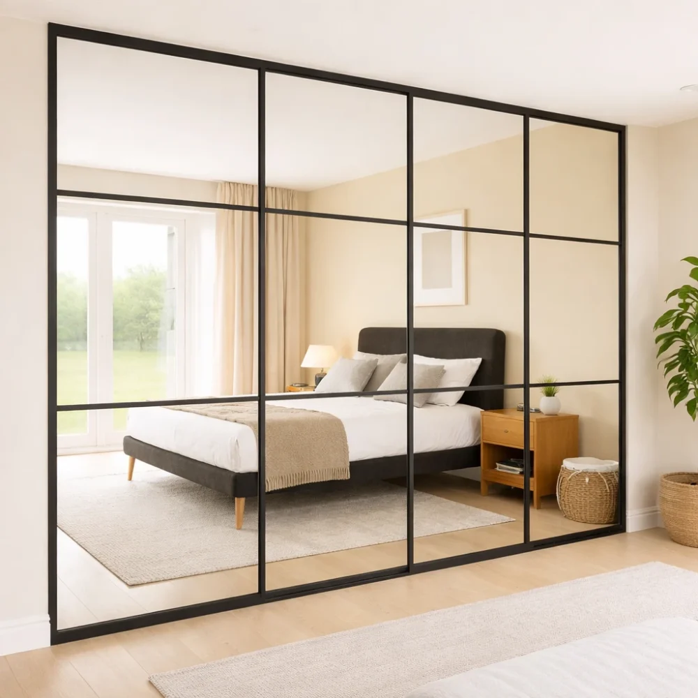 Black Steel Crittall Style Panel Sliding Wardrobe Doors Mirrored 4 Door Kit