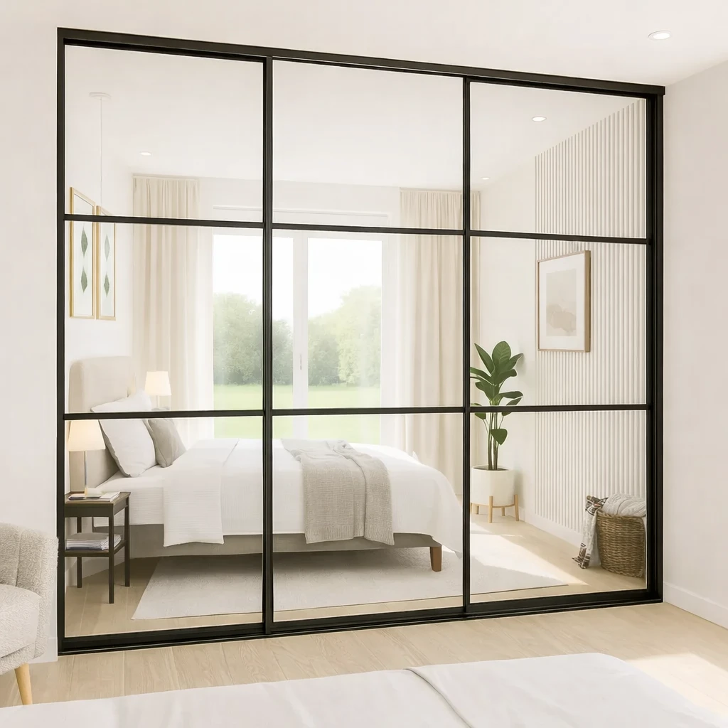 Black Steel Crittall Style Panel Sliding Wardrobe Doors – Mirrored 3 Door Kit