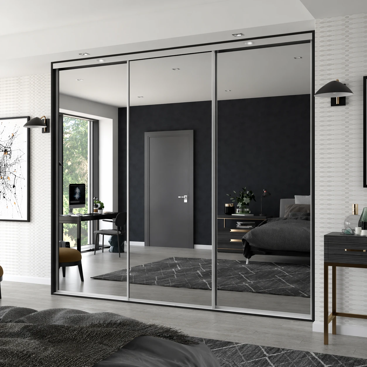 Mirrored sliding wardrobe doors with aluminium frame in a modern bedroom setting