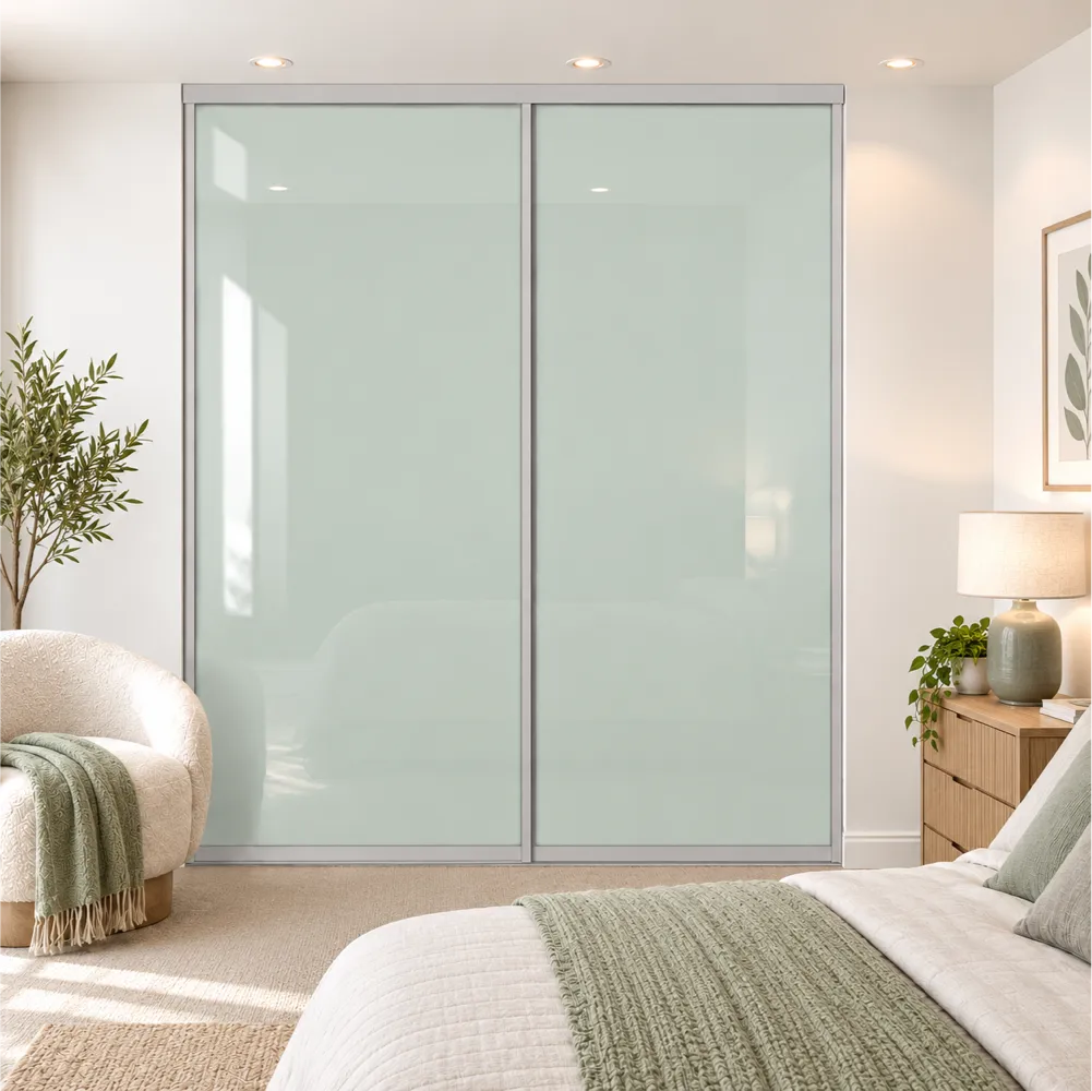 2 door soft green glass sliding wardrobe doors