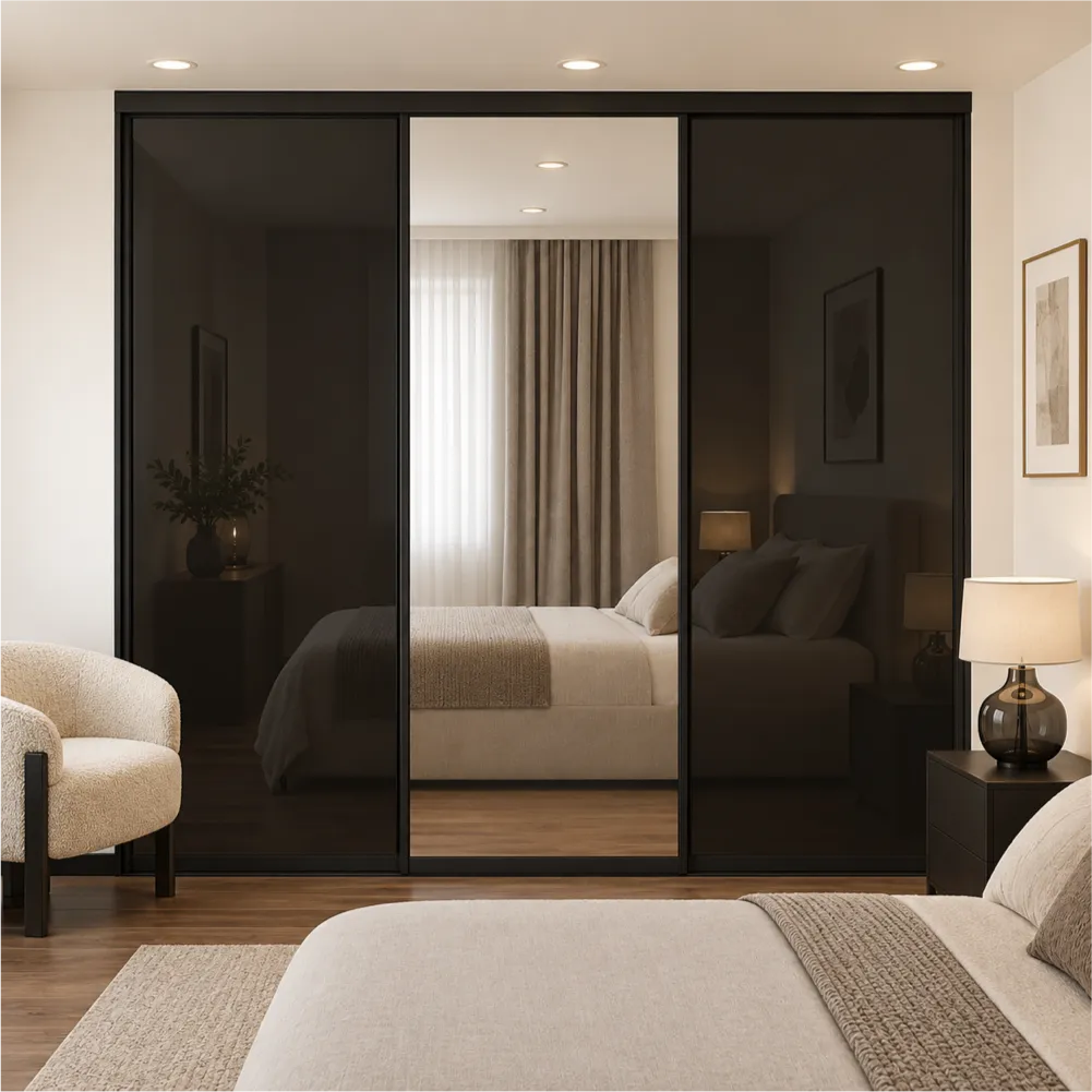 3 Door Black Glass & Mirror Sliding Wardrobe Doors