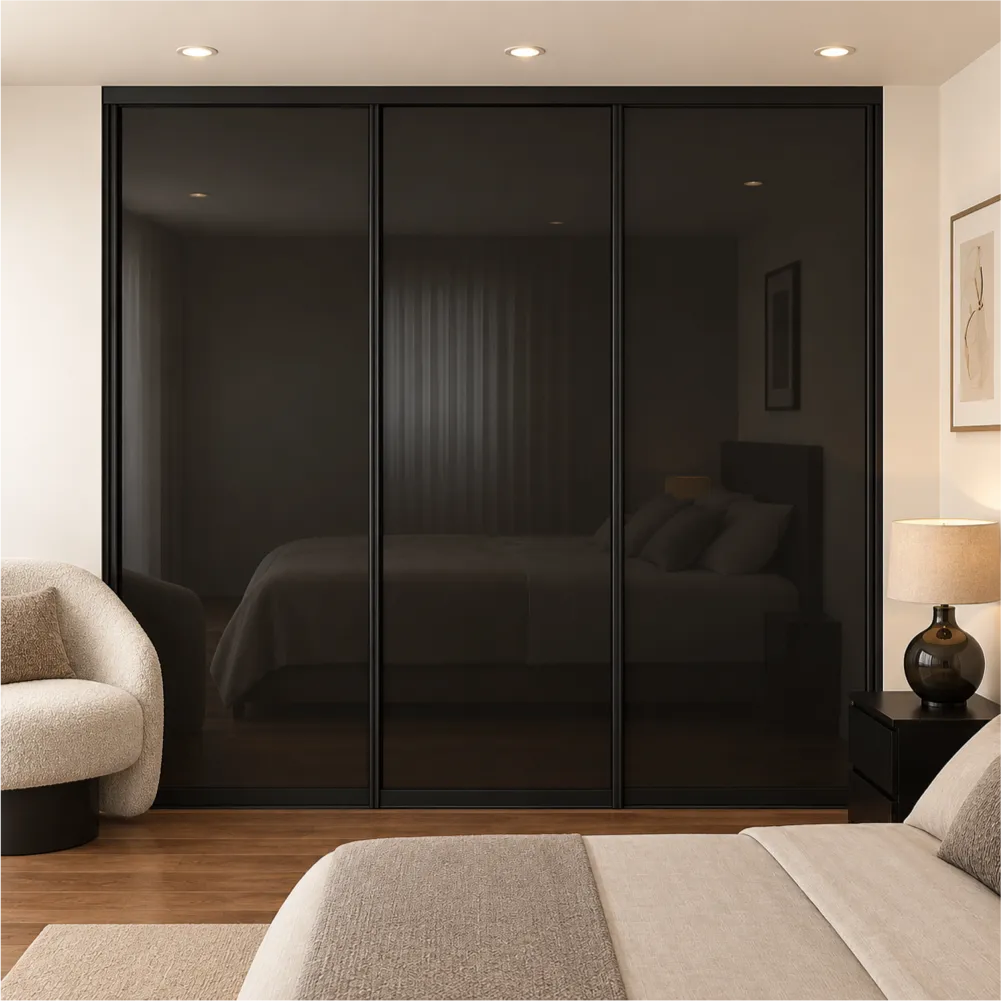 3 Door Black Glass Sliding Wardrobe Doors