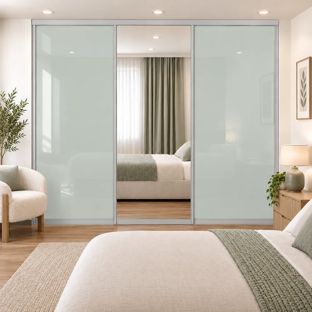 3 door soft green glass 1 mirror sliding wardrobe doors