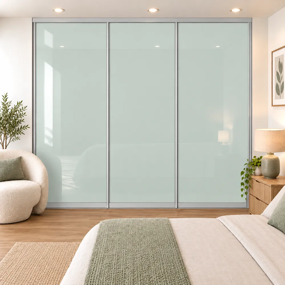 3 door soft green glass sliding wardrobe doors