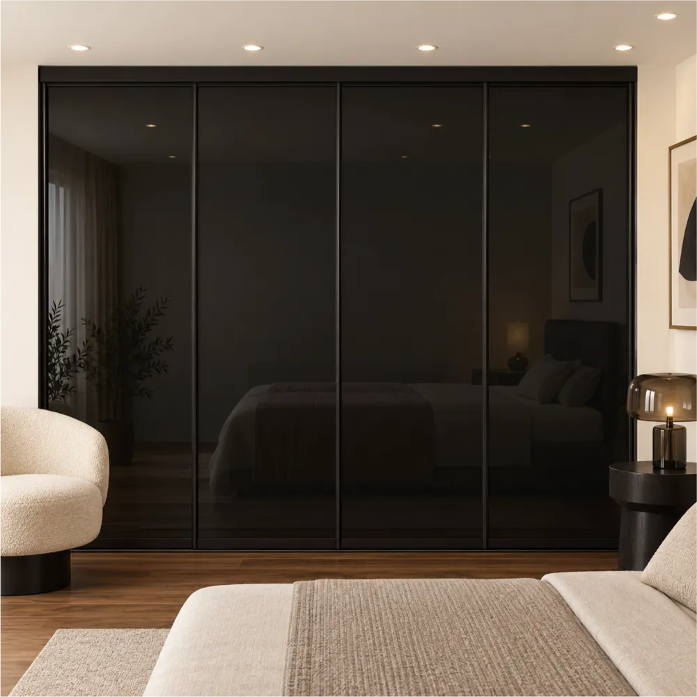 4 Door Black Glass Sliding Wardrobe Doors