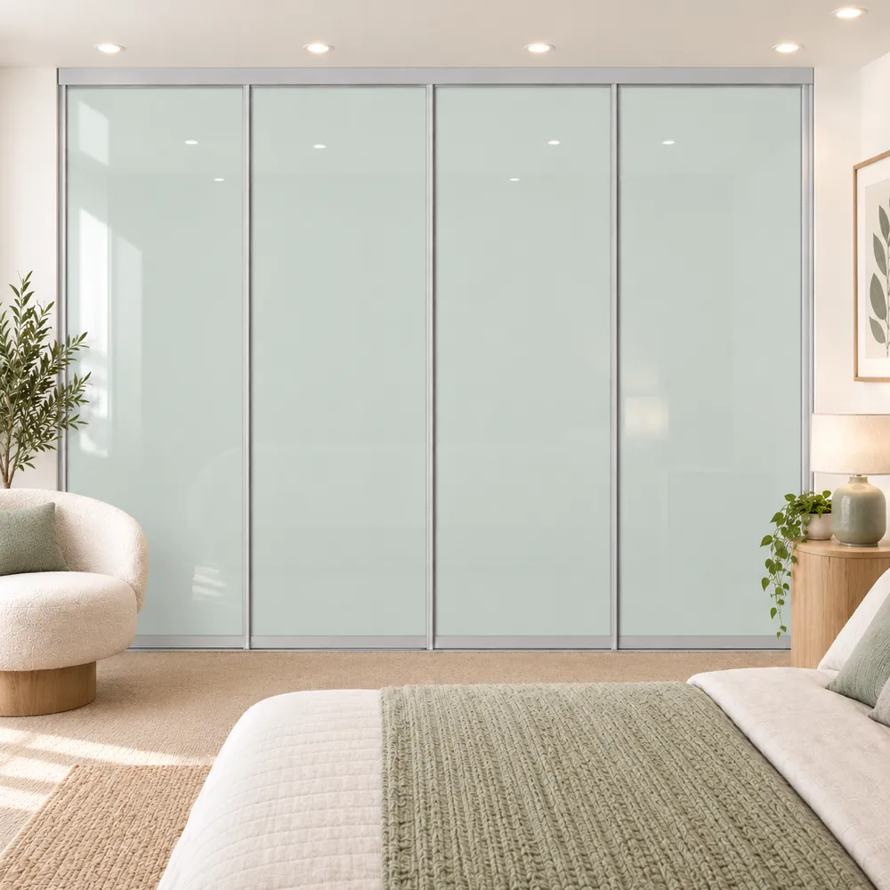 4 door soft green glass sliding wardrobe doors